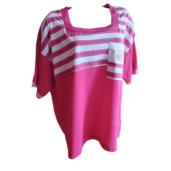 44/24W Vintage 90's Padded T-shirt Pink Striped Square Neck Embroidered Pocket - Picture 2 of 8